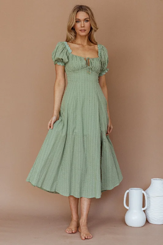 Chablis Gathered Bust Puff Sleeve Midi Dress Sage