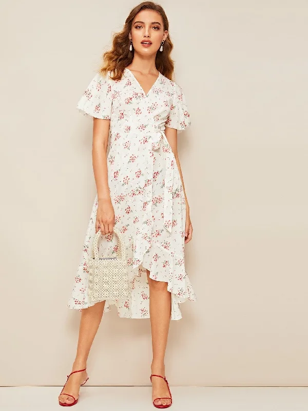 Floral Print Ruffle Hem Wrap Knotted Dress