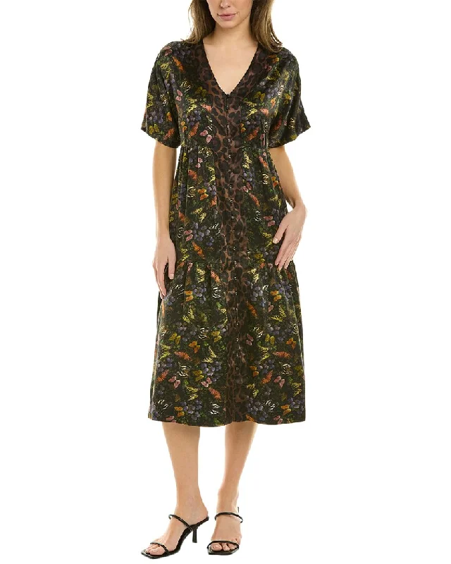 Johnny Was Midnight Mariposa Button Front Silk Midi Dress