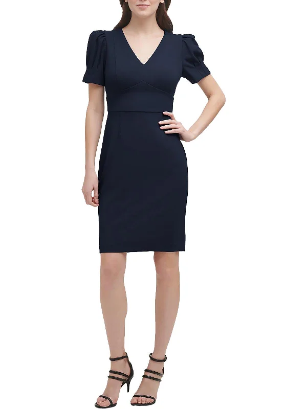 Womens Crepe Puff Sleeves Sheath Dress