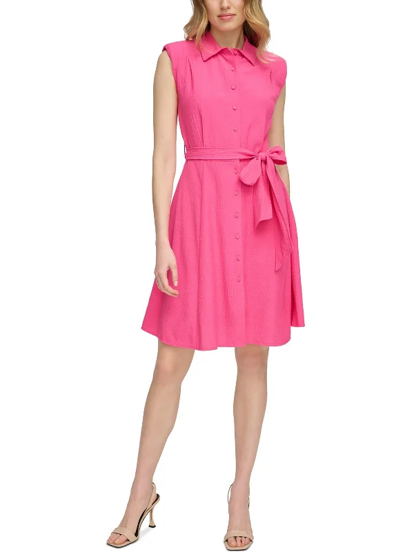 Womens Belted Sleeveless Shirtdress