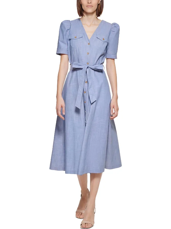 Womens Chambray Puff Sleeve Shirtdress