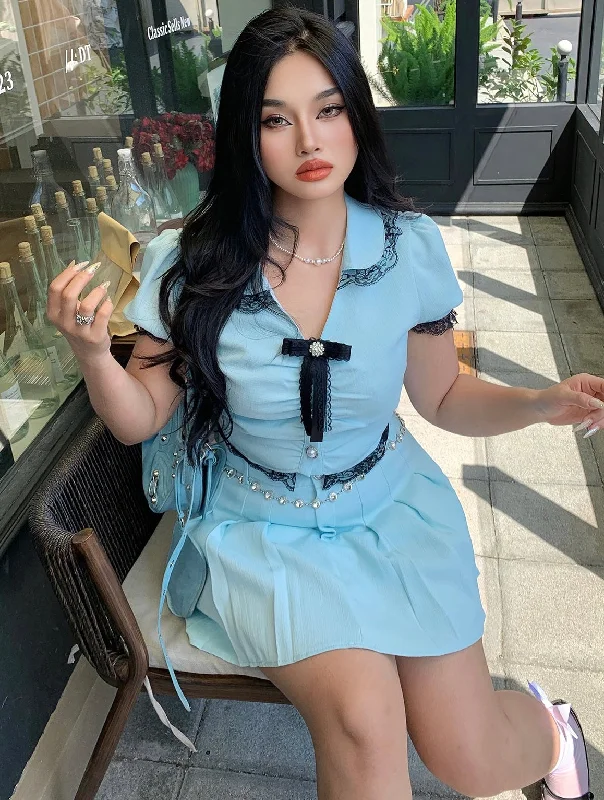 Chica Plus Size Solid Color Baby Blue Short Sleeve Bow Brooch Button Up Patchwork Lace Top + Plus Size Pleated Mini Skirt Matching Set