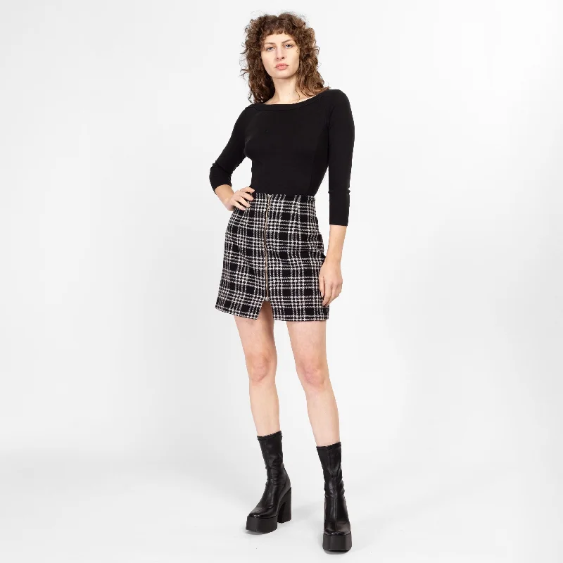 Medium 90s Black & White Plaid Knit Zip Front Mini Skirt 28.5"