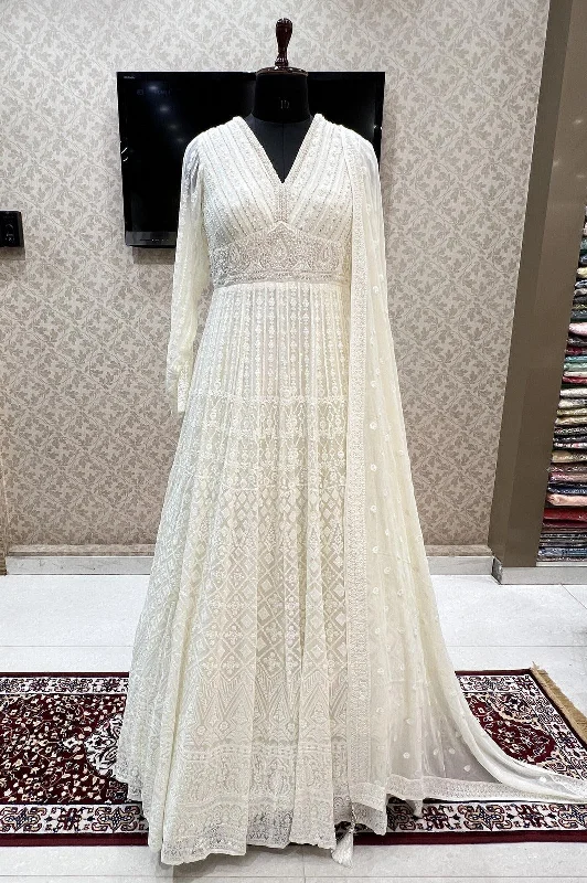 Cream Lucknowi Thread, Sequins, Zardozi and Beads work Floor Length Anarkali Suit