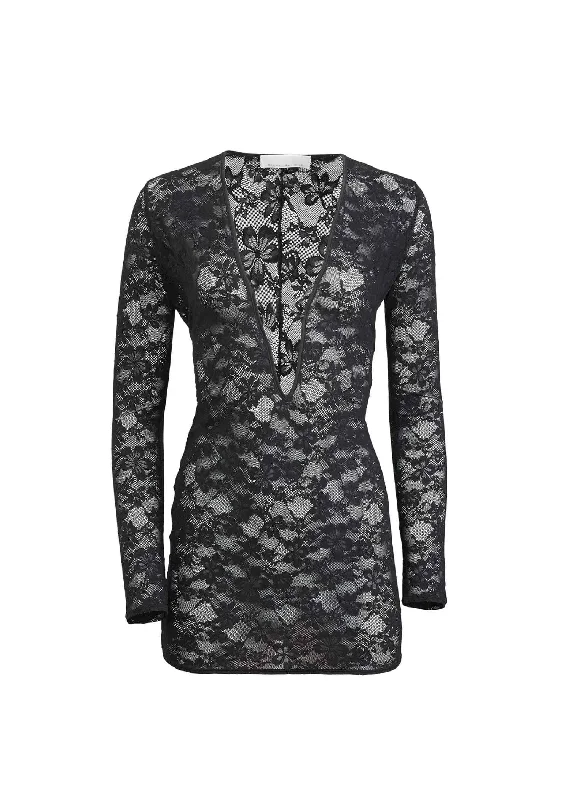Le Stretch Lace Plunge Mini Dress (Black)