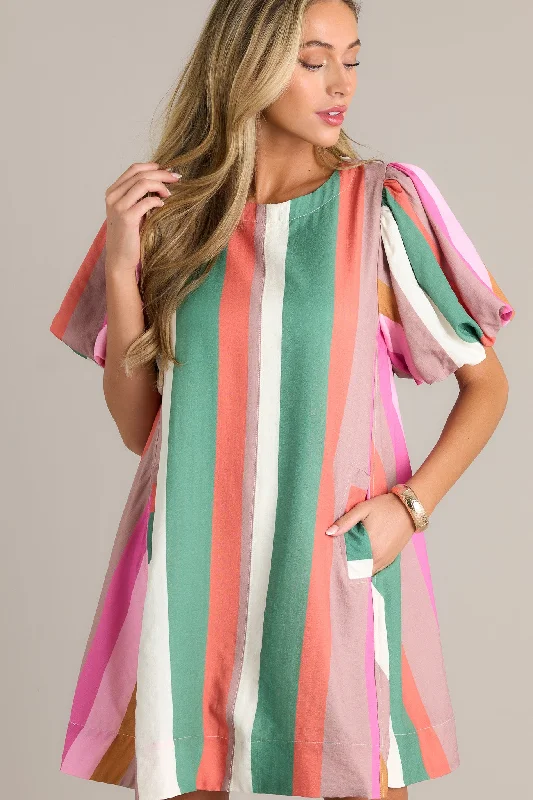 Horizon Haven Green Multi Stripe Mini Dress