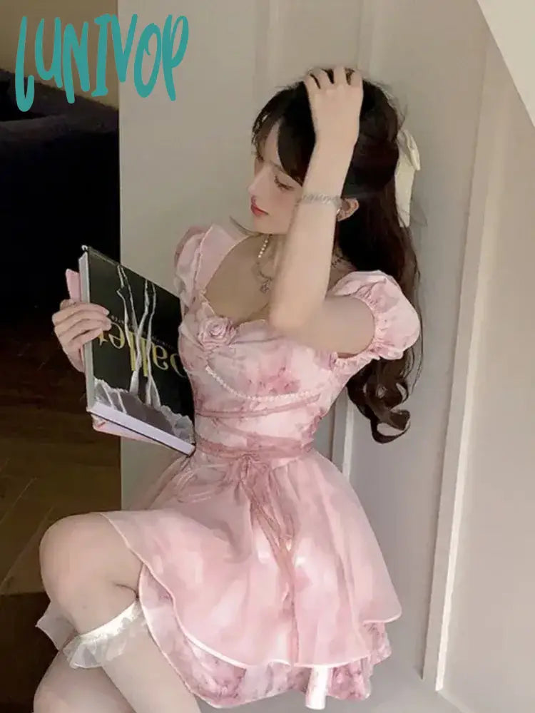 Lunivop Kawaii Elegant Fairy Mini Dress Summer Vintage Puff Sleeve Bandage Floral Women Evening Party Vestidos Korean Sweet Dress