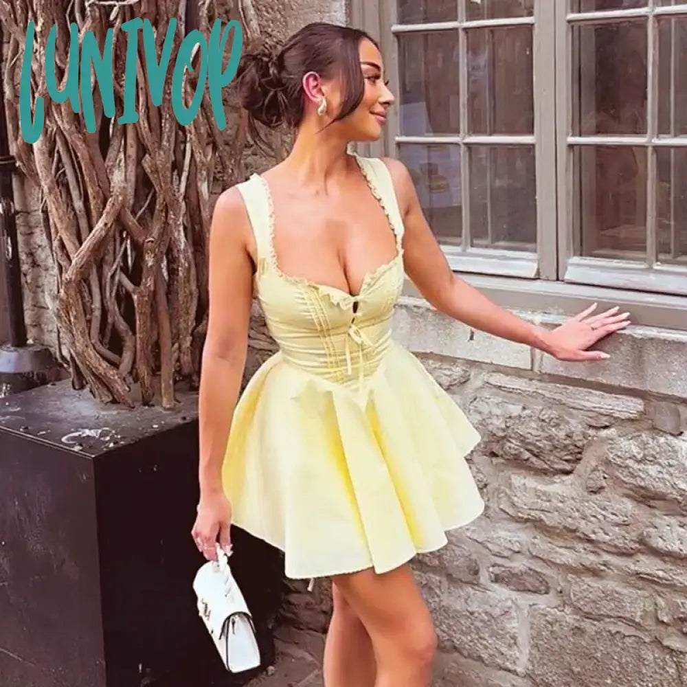 Lunivop Plunge Lace Up Sexy Mini Dress Women's Sleeveless Fashion Retro Splice Folds Slim Black Party Evening Dress Female Summer