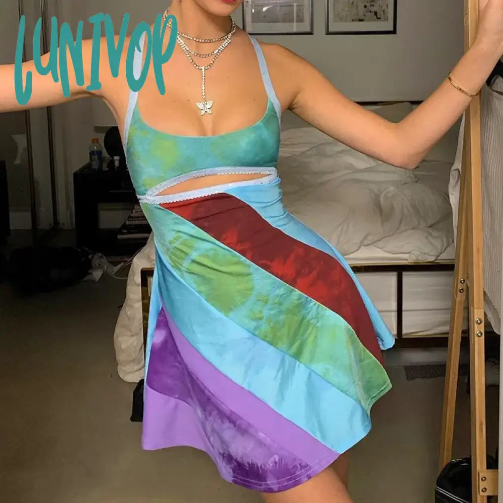 Lunivop Sexy Women Y2K Mini Dresses Vintage Patchwork Beach Summer Backless Dress Elegant Lady Boho Outfits Evening Party Clothes