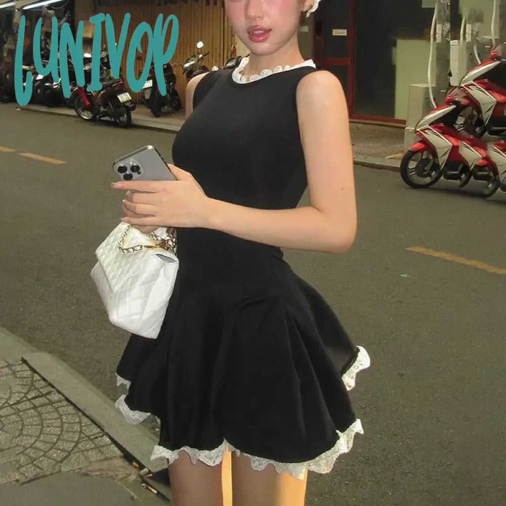 Lunivop Splice Lace Mini Dress For Women High Waisted Slim Folds A-Line Hem Dresses Sleeveless Elegant Evening Party Dress Lady