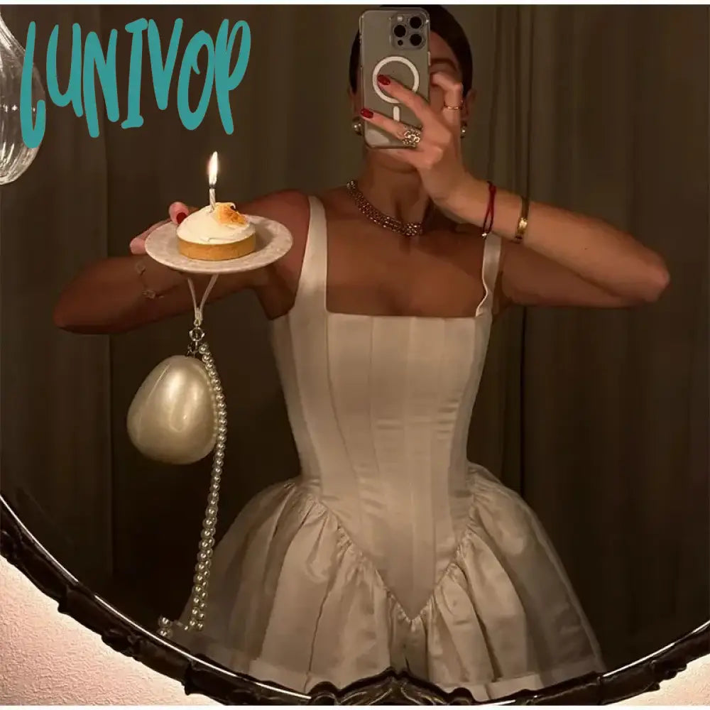 Lunivop White Satin Elegant Mini Dress For Women Sling Backless Pleated Birthday Banquet Evening Party Luxury Coquette Dress Vestidos