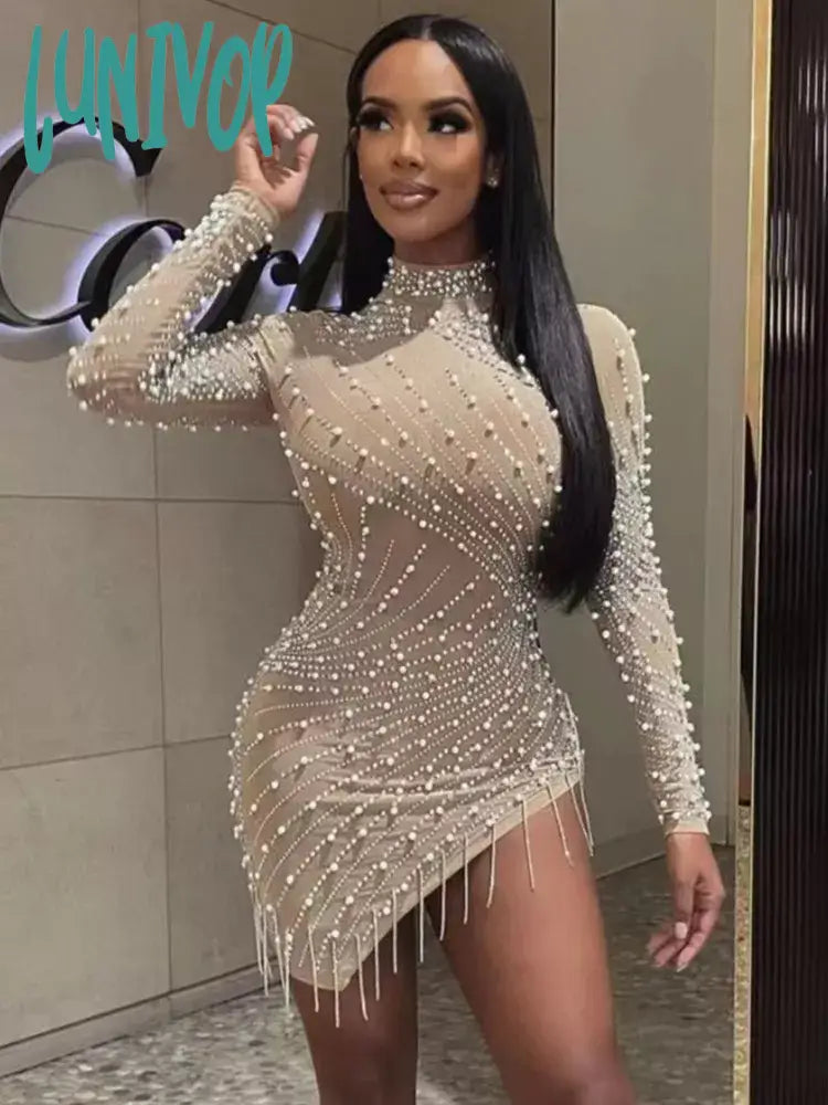 Lunivop Women Luxury Sexy Turtleneck Mesh Diamonds Crystal Tassel Beading Studded Beige Mini Dress Elegant Evening Club Party Dress