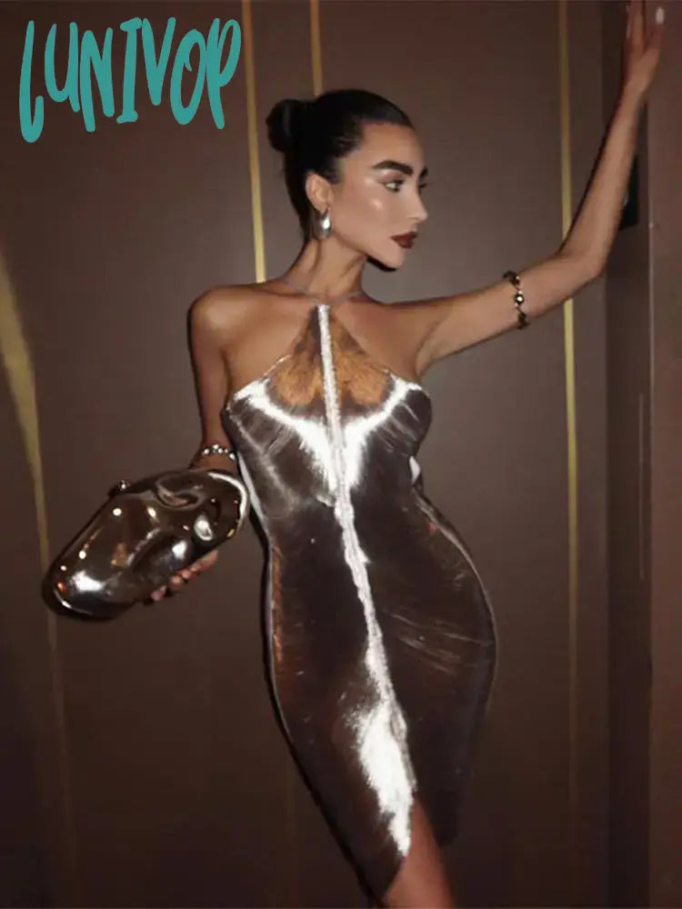 Lunivop Women Sexy Metallic Shiny Halter Mini Dress Fashion Slim Sleeveless Backless Tassels Dresses 2024 Lady Chic Party Evening Robes