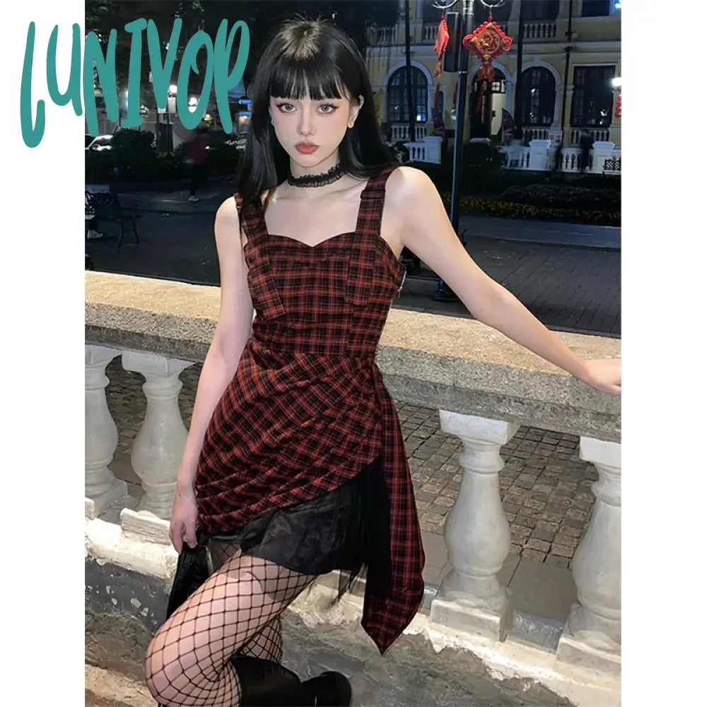 Lunivop Y2K Irregular Plaid Mini Dress Women Vintage Mesh Patchwork One Pieces Dresses Korean Party Prom Spaghetti Strap Vestidos