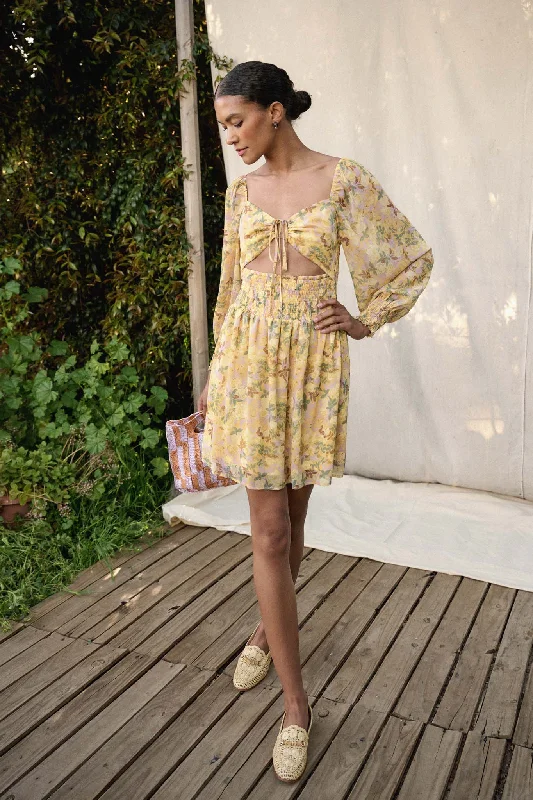 Marigold Sky Floral Chiffon Tie-Front Mini Dress