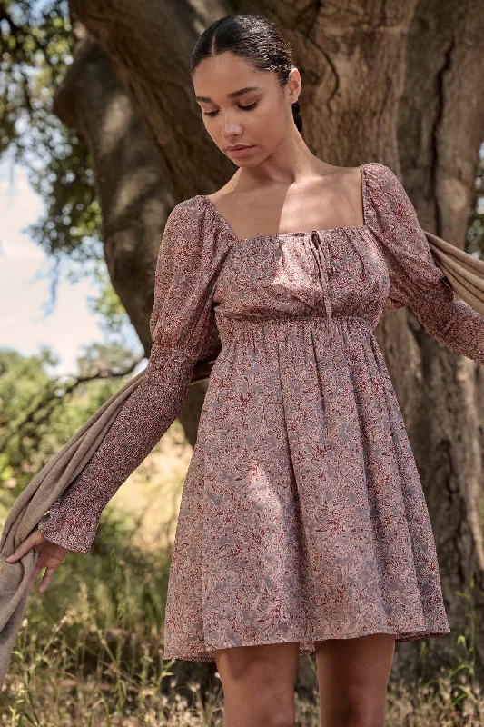 Poetic Plumes Floral Juliet-Sleeve Mini Dress