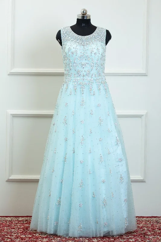 Sky Blue Beads, Pearl, Sequins and Stone work Bridal and Partywear Gown