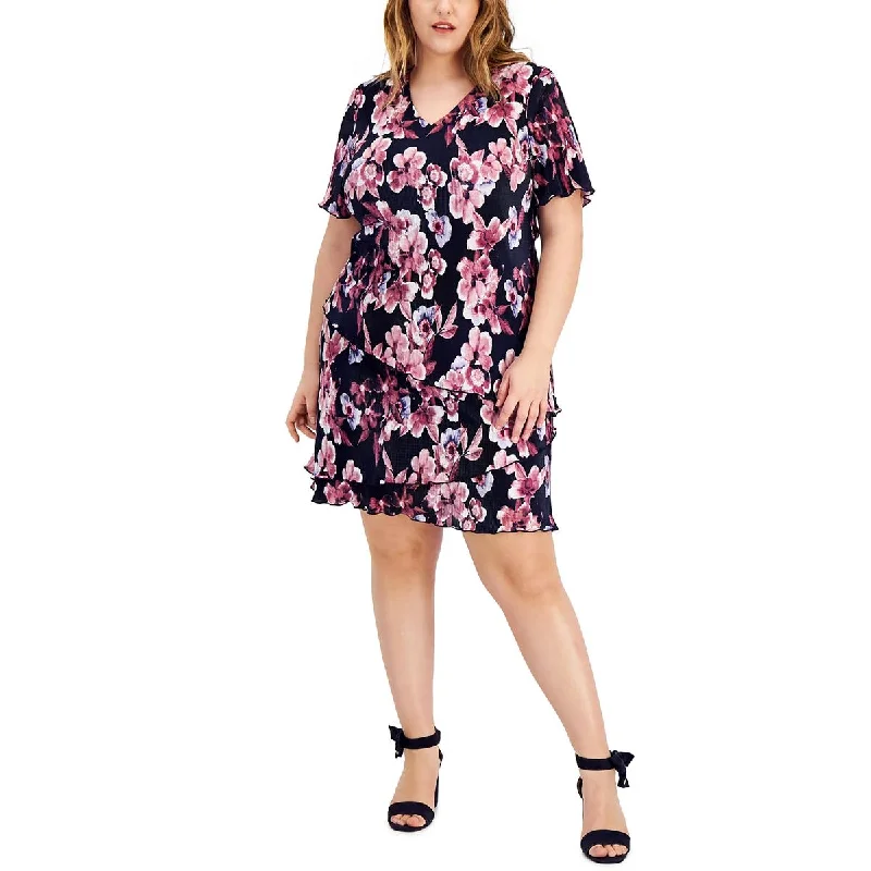 Connected Apparel Womens Plus Pleated Floral Sheath Dress