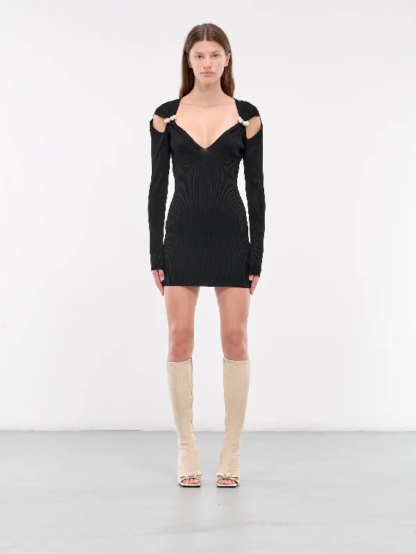 Pearl Shoulders Ribbed Mini Dress (A0489-8701-BLACK)