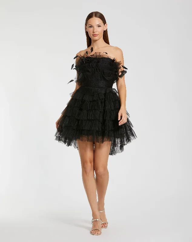 Black Feathered Strapless Tulle Fit and Flare Dress