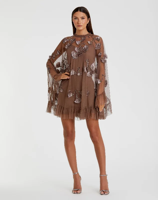 Chocolate Embellished Long Flare Sleeve Mesh A-Line Dress