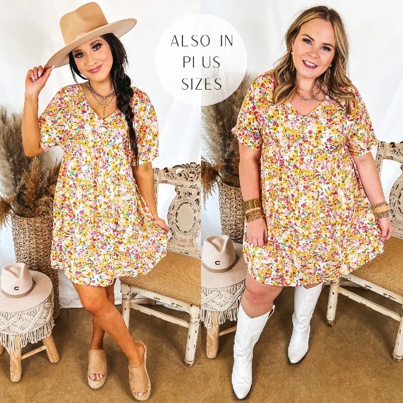 Last Chance Size 2XL | Fresh Blossoms Floral Babydoll Dress with V Neck in Yellow and Pink