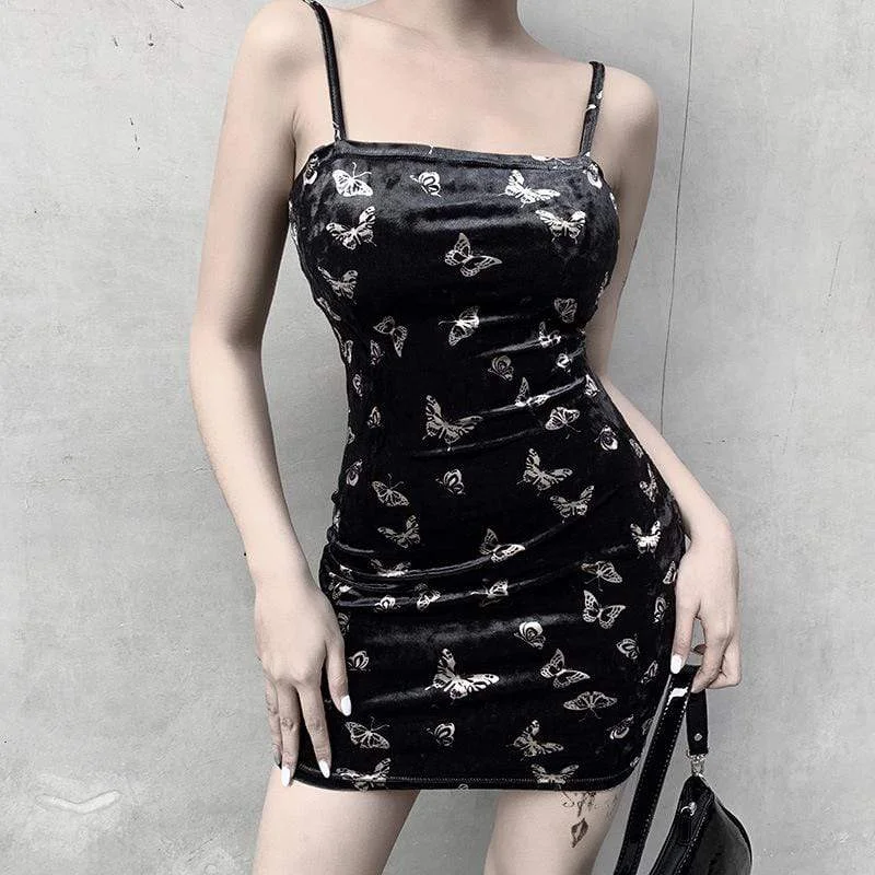 Women's Butterfly Pattern Velvet Slip Dresses